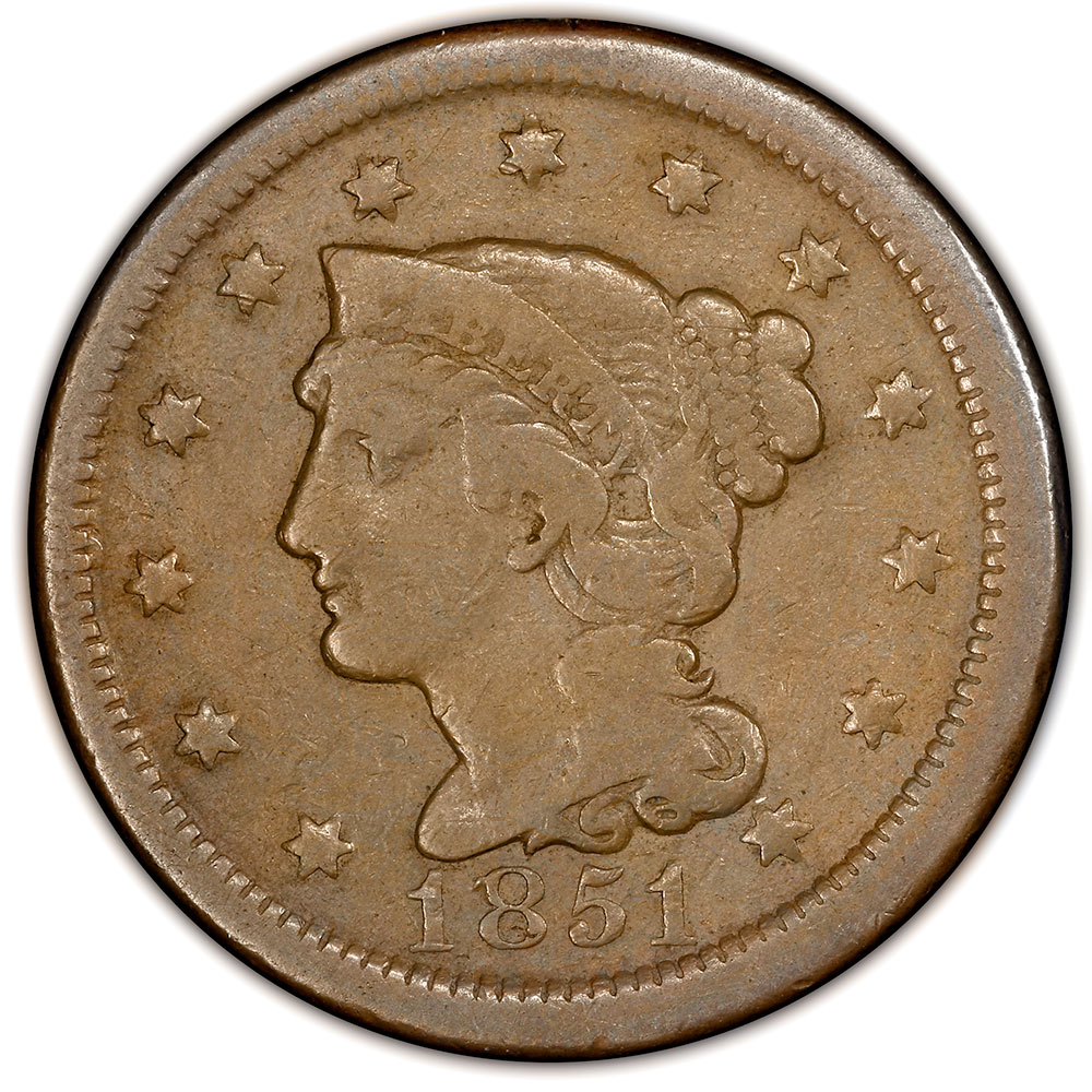 1853 Braided Hair large Cent F12